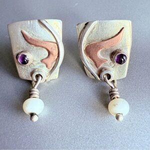 Vintage J Barnes Sterling Silver Amethyst, Dangle Pearls Earrings Modern…